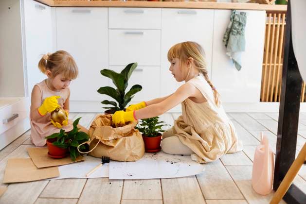 Creative Highlights Symbolbilder Sisters planting plants sitting in kitchen at home model released, Symbolfoto property released, ASHF00100