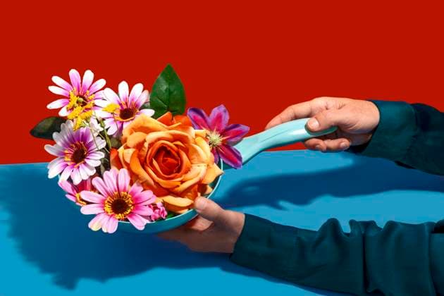 Creative Highlights Symbolbilder Hands of man holding blooming flowers in frying pan against colored background model released, Symbolfoto, RDTF00104