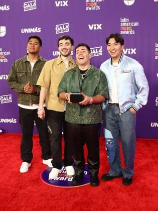 (L-R) Ulises Gonzalez, Brian Tovar, Pedro Tovar and Damian Pacheco of Eslabon Armado, winners of the Best Collaboration ? Regional Mexican award for Ella Baila Sola, poses in the press room during the 2024 Latin American Music Awards at the Grand Garden Arena at MGM Resort and Casino in Las Vegas, Nevada on Thursday, April 25, 2024.  LAV20240425179 JAMESxATOA