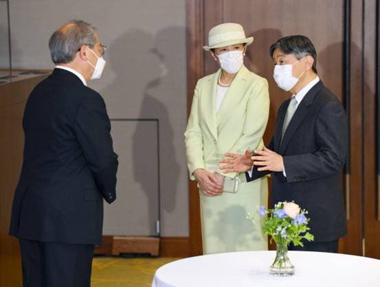 Japan s emperor at award ceremony Japanese Emperor Naruhito (R) and Empress Masako talk with an awardee (L) after a commendation ceremony in Tokyo on April 26, 2024, held for people who have contributed to the promotion of greenery and forestry.  A14AA0002755372P