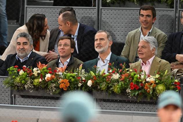 King Felipe VI At The Mutua Madrid Open President of the Consejo Superior de Deportes, Jose Manuel Rodriguez Uribes, the mayor of Madrid, Jose Luis Martinez-Almeida, and King Felipe during Rafa Nadal s match at the Mutua Madrid Open, April 27, 2024, in Madrid, Spain. Photo by Jose Oliva Europa Press ABACAPRESS.COM Madrid Spain  Copyright: xEuropaxPress ABACAx