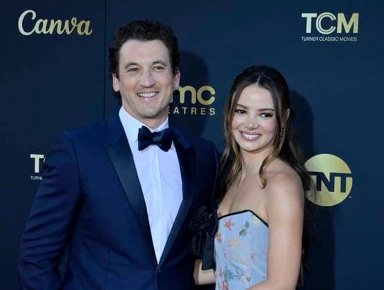 Miles Teller (L) and Keleigh Sperry Teller attend the 49th AFI Lifetime Achievement Award tribute gala honoring Nicole Kidman at the Dolby Theatre in the Hollywood section of Los Angeles on Saturday, April 27, 2024.  LAP2024042738 JIMxRUYMEN