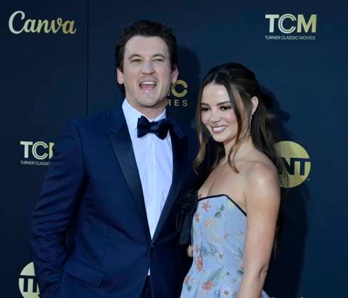 Miles Teller (L) and Keleigh Sperry Teller attend the 49th AFI Lifetime Achievement Award tribute gala honoring Nicole Kidman at the Dolby Theatre in the Hollywood section of Los Angeles on Saturday, April 27, 2024.  LAP2024042739 JIMxRUYMEN
