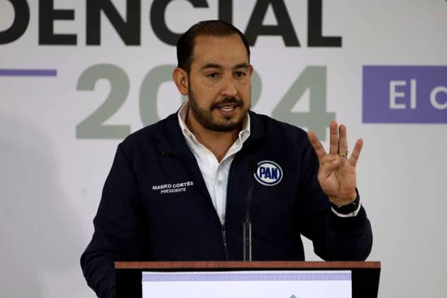 April 28, 2024, Mexico City, Mexico:President of the National Action party, Marko Cortes speaks prior to the second televised presidential debate Ahead of Presidential Elections in Mexico at Estudios Churubusco. Mexico City Mexico - ZUMAe321 20240428_zia_e321_002 Copyright: xLuisxBarronx