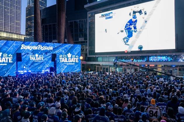April 24, 2024, Toronto, Ontario, Canada: Fans gather at Maple Leaf Square outside Scotibank Arena, watching Round 1, Game 4 playoff game of Toronto Maple Leafs vs Boston Bruins playoff game on a giant screen. During Toronto Maple Leafs playoff games, Maple Leaf Square transforms into a sea of blue and white, echoing with the chants of passionate fans eagerly rallying behind their team s quest for victory. The electric atmosphere radiates anticipation and excitement, creating unforgettable memories for both die-hard supporters and casual observers alike. Toronto Canada - ZUMAs197 20240424_aaa_s197_797 Copyright: xShawnxGoldbergx
