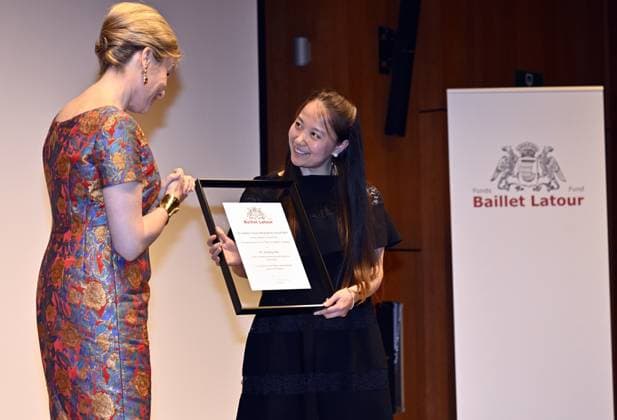 Queen Mathilde of Belgium and Dr Jingjing Zhu pictured during the ceremony for the 50th anniversary of the Baillet Latour foundation and award ceremony of the Baillet Latour Biomedical Award, in Brussels, Monday 29 April 2024. The Baillet Latour Biomedical Award has been awarded annually since 2022 to promising young researchers in Belgium in the field of biomedical sciences.  ERICxLALMAND 91820024