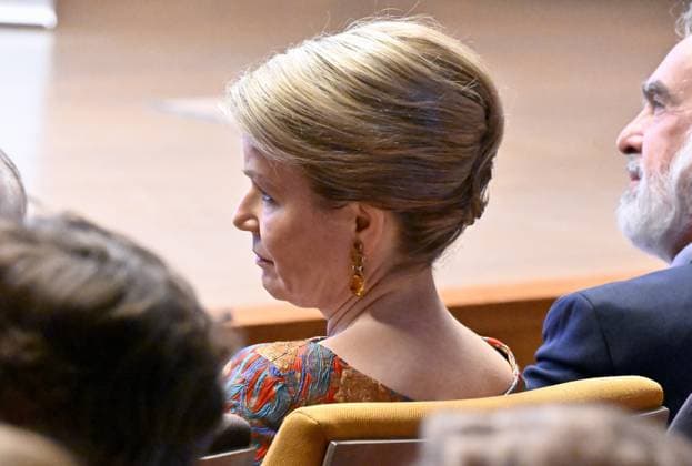 Queen Mathilde of Belgium pictured during the ceremony for the 50th anniversary of the Baillet Latour foundation and award ceremony of the Baillet Latour Biomedical Award, in Brussels, Monday 29 April 2024. The Baillet Latour Biomedical Award has been awarded annually since 2022 to promising young researchers in Belgium in the field of biomedical sciences.  ERICxLALMAND 91820091