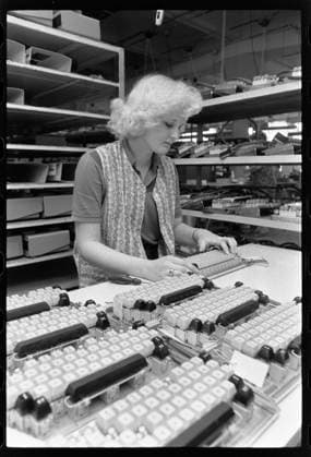 ***JUNE 4, 1982 FILE PHOTO***Production of electric typewriters for communication with automatic computers and alphanumeric keybords used for small electronic computers of RVHP countries (COMECON, CMEA, CEMA, CAME - economic organization under Soviet Union leadership) in Zbrojovka Brno, Czechoslovakia, June 4, 1982. 10,000 units were exported to the GDR, 6,000 to the USSR and 2-500 units to Bulgaria. (CTKxPhoto IgorxZehl) CTKPhotoF202211290119701  CTKPhotoF202211290119701