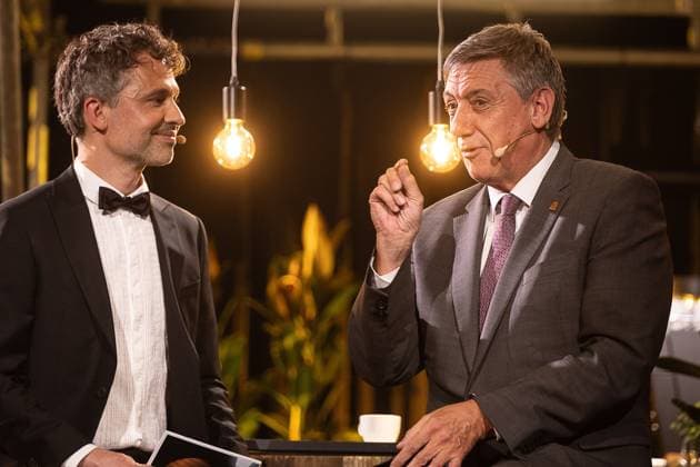 FOCUS COVERAGE REQUESTED TO BELGA - Journalist Thomas Vanderveken and Flemish Minister President Jan Jambon pictured during the award ceremony of the Ultimas23 , Flemish culture prizes, Tuesday 30 April 2024, in Lint.  JAMESxARTHURxGEKIERE 91867687
