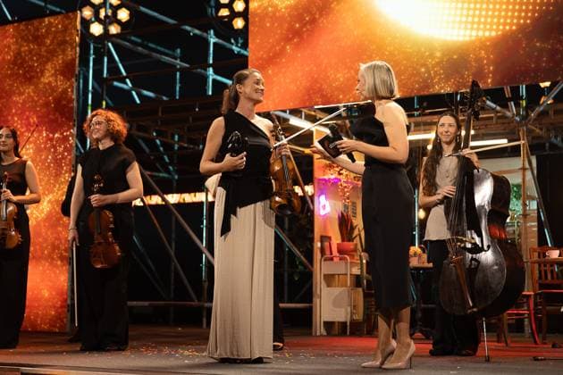 FOCUS COVERAGE REQUESTED TO BELGA - Winner muziek Bryggen pictured during the award ceremony of the Ultimas23 , Flemish culture prizes, Tuesday 30 April 2024, in Lint.  JAMESxARTHURxGEKIERE 91867711