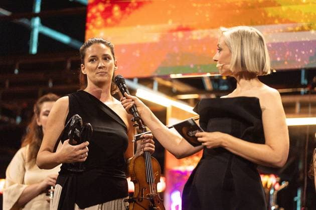 FOCUS COVERAGE REQUESTED TO BELGA - Winner muziek Bryggen pictured during the award ceremony of the Ultimas23 , Flemish culture prizes, Tuesday 30 April 2024, in Lint.  JAMESxARTHURxGEKIERE 91867715