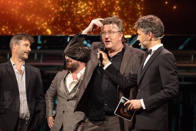 FOCUS COVERAGE REQUESTED TO BELGA - Winner publieksprijs Die Verdammte Spielerei pictured during the award ceremony of the Ultimas23 , Flemish culture prizes, Tuesday 30 April 2024, in Lint.  JAMESxARTHURxGEKIERE 91867899