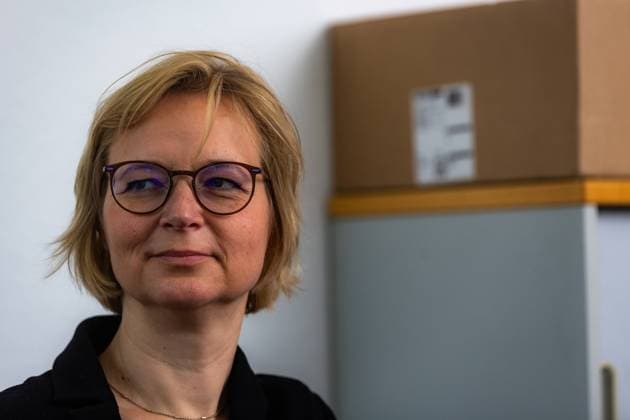 Pössneck , 110124 , Wahlkampf Thüringen Bündnis Sarah Wagenknecht BSW , Landesvorstand Steffen Schütz und Katja Wolf , Doppelinterview im Bild: Katja Wolf *** Pössneck , 110124 , Election campaign Thuringia Alliance Sarah Wagenknecht BSW , State Executive Steffen Schütz and Katja Wolf , Double interview in picture Katja Wolf