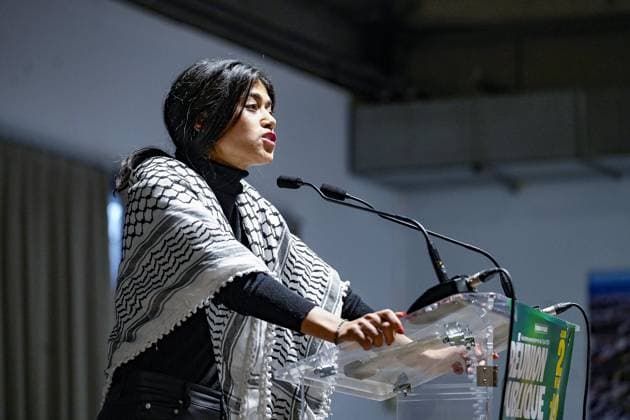 Rima Hassan of the Union Publique la France insoumise at a meeting in VÃ nissieux on 02 05 2024 Photo Sandrine Thesillat Panoramic NEWS LFI Mathilde Panot en Meeting Â- Venissieux 02 05 2024 SandrineThesillat Panoramic 