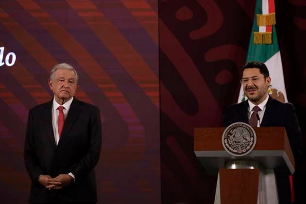 Andres Manuel Lopez Obrador News Conference Mexican President, Andres Manuel Lopez Obrador, is seen behind while Chief of Government of Mexico City Marti Batres Guadarrama speaking about the immigration policy in collaboration with the U.S. government during a press conference at the National Palace in Mexico City. on May 2, 2024, Mexico City, Mexico. (Photo by Luis Barron Eyepix Group) Copyright: xLuisxBarronx xEyepixxGroupx LB_02052024_118974