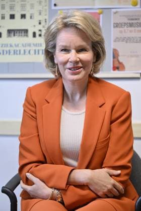 Queen Mathilde of Belgium pictured during a visit to the music academy in Anderlecht, Brussels on Friday 03 May 2024.  ERICxLALMAND 91999652
