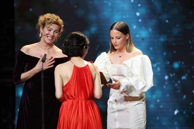 German Film Award 2024 Margarita Broich and Jasna Fritzi Bauer and BEST SCREENWRITING AysÌße Polat Â- IM TOTEN WINKEL at the Lola German Film Award 2024 ceremony at the Theater am Potsdamer Platz in Berlin 03 05 2024 Copyright: xEventpressx