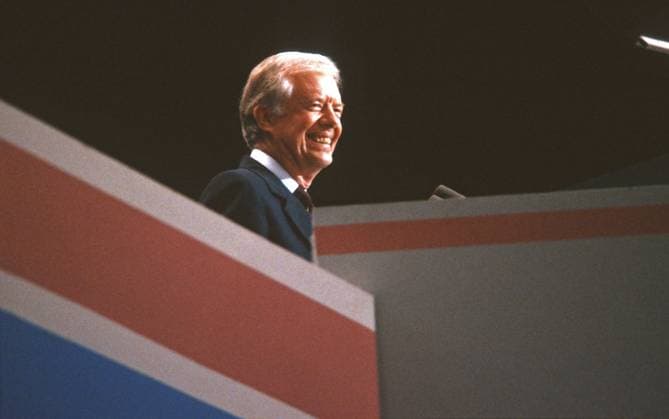 Carter Addresses 1988 Democratic National Convention in Atlanta, Georgia Former United States President Jimmy Carter addresses the 1988 Democratic National Convention at the Omni Coliseum in Atlanta, California on Monday, July 18, 1988. Credit: Howard L. Sachs CNP Atlanta Georgia United States of America EDITORIAL USE ONLY Copyright: xx HowardxL.xSachsx-xCNPx cnpphotos216359