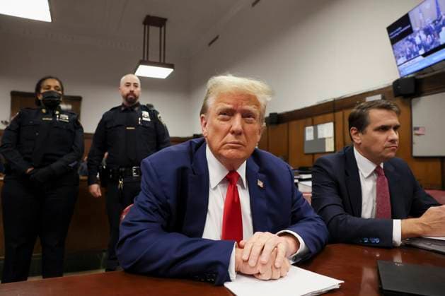 Bilder des Jahres 2024, News 05 Mai News Themen der Woche KW19 News Bilder des Tages Former President Donald Trump sits in the courtroom at Manhattan criminal court in New York on Monday, May 6, 2024. Trump s criminal trial is entering its fourth week on charges he allegedly falsified business records to cover up a sex scandal during the 2016 presidential campaign. Pool photo by Brendan McDermid  NYP20240506716 BrendanxMcDermid