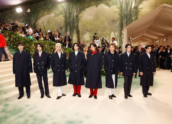 Bang Chan, Han, Felix, Seungmin, Hyunjin, I.N, Lee Know and Changbin of Stray Kids arrive on the red carpet at the 2024 Met Gala celebrating Sleeping Beauties: Reawakening Fashion at The Metropolitan Museum of Art on Monday, May 6, 2024 in New York City.  NYP20240506191 JOHNxANGELILLO