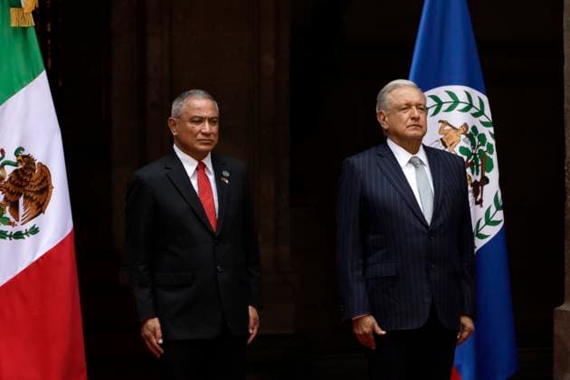 Prime Minister of Belize, Juan Antonio BriseoÂ±o and MexicoÃ¢â‚¬â ¢s President, Andres Manuel Lopez Obrador during the welcoming ceremony of the Belize state visit to Mexico, in the Patio Honor in the National Palace. Mexico City Mexico - ZUMAe321 20240507_zia_e321_006 Copyright: xLuisxBarronx