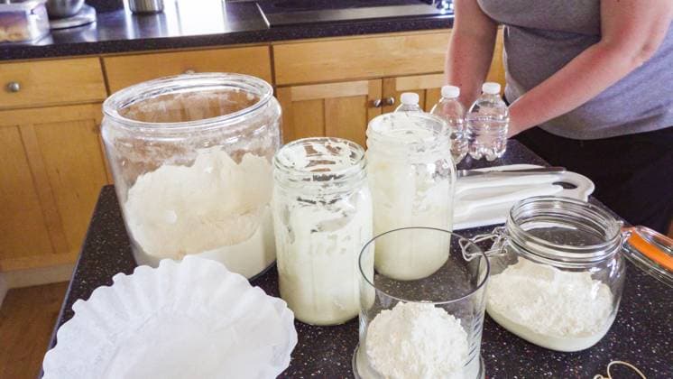 Sourdough starter Feeding sourdough starter with water and flour. Copyright: xArinaxHabich RECORD DATE NOT STATED