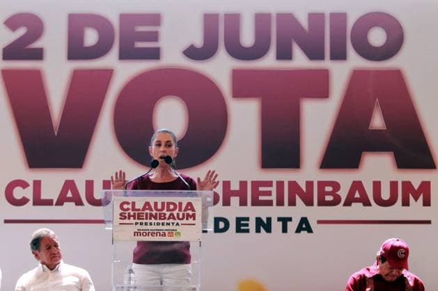 Claudia Sheinbaum Pardo, candidate for the Presidency of Mexico by the Sigamos Haciendo Historia coalition, speaking during a political rally in Texcoco, State of Mexico. Texcoco MÃ xico - ZUMAe321 20240511_zia_e321_018 Copyright: xCarlosxSantiagox