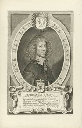 RECORD DATE NOT STATED Portrait of Ferdinand Ernst, Count van Wallenstein, Pieter de Jews (ii), After Anselm of them, 1648 print BostePortret of Ferdinand Ernst, Count van Wallenstein. Bottom right: 108. The portrait is caught in an oval frame with the coat of arms of the portrayed person and an edge in Latin. In the cartouche a six -line caption in Latin. Print from a series of portraits to paintings by Anselmus van Hulle of all delegates at the peace negotiations in Münster and Osnabrück. Antwerp paper etching engraving Copyright: xpiemagsx rknbpie14012024-51223 !ACHTUNG AUFNAHMEDATUM GESCHÄTZT!