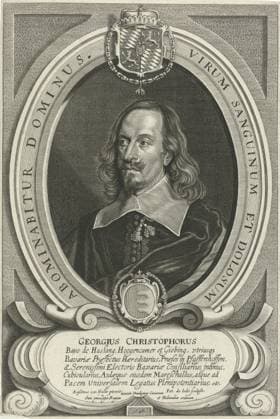RECORD DATE NOT STATED Portrait of Georg Christoph, Pieter de Jews (II), After Anselm of them, 1648 print BostePortret of Georg Christoph, Baron van Haslang. The portrait is caught in an oval frame with the coat of arms of the portrayed person, a chain with the order of the Golden Fleece and an edge in Latin. In the cartouche a six -line caption in Latin. Print from a series of portraits to paintings by Anselmus van Hulle of all delegates at the peace negotiations in Münster and Osnabrück. Antwerp paper etching engraving knighthood order of the Golden Fleece Copyright: xpiemagsx rknbpie21012024-35678 !ACHTUNG AUFNAHMEDATUM GESCHÄTZT!