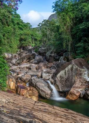 Creative Highlights World Majestic Rocky River with Cascading Waterfall in the Heart of the Rainforest A remote and indomitable terrain surrounds a channel of flowing water, where a majestic river of authentic large round stones smoothed over time by history descends from the mountain, surrounded by lush green jungle and featuring silky smooth water in a long exposure photo. Copyright: xBrasil Caparao RECORD DATE NOT STATED