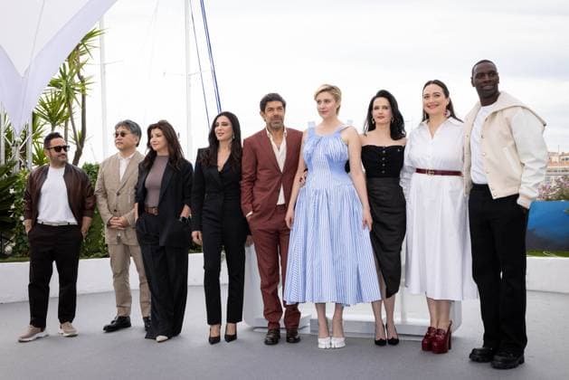 Cannes - Jury Photocall Jury Members Juan Antonio Bayona, Hirokazu Kore-eda, Ebru Ceylan, Nadine Labaki, Pierfrancesco Favino, President of the Jury Greta Gerwig, Eva Green, Lily Gladstone, and Omar Sy attend the jury photocall at the 77th annual Cannes Film Festival at Palais des Festivals on May 14, 2024 in Cannes, France. Photo by Shootpix ABACAPRESS.COM Cannes France  Copyright: xShootpix ABACAx