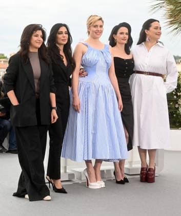Turkish director Ebru Ceylan, Lebanese director Nadine Labaki, American director Greta Gerwig, French actress Eva Green and American actress Lily Gladstone attend the Jury photo call at the 77th Cannes Film Festival in Cannes, France on Tuesday, May 14, 2024.  CAN20240514128 RUNExHELLESTAD
