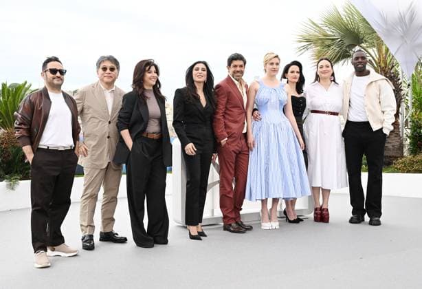 Spanish director Juan Antonio Bayona, Japanese director Kore- Eda Hirokazu, Turkish director Ebru Ceylan, Lebanese director Nadine Labaki, Italian actor Pierfrancesco Favino, American director Greta Gerwig, French actress Eva Green, American actress Lily Gladstone, French actor Omar Sy attend the Jury photo call at the 77th Cannes Film Festival in Cannes, France on Tuesday, May 14, 2024. CAN20240514129 RUNExHELLESTAD