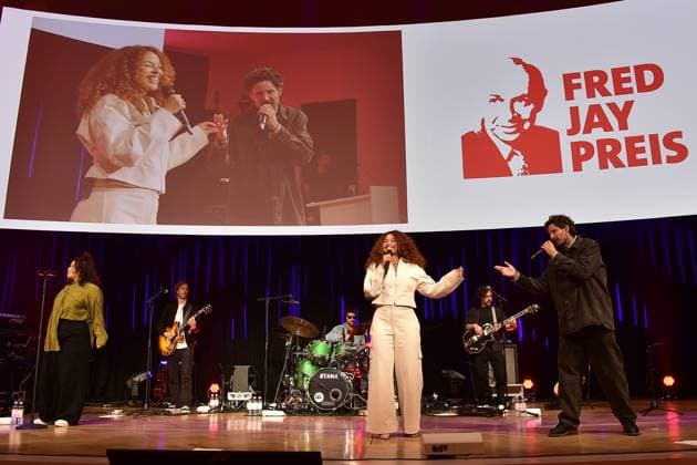 36 Fred Jay Prize of GEMA in Berlin Joy Denalane, Max Herre, musician, prize winner 2024 Live singing with band at the bcc Berlin of the 36 Fred Jay Prize 2024 as part of the GEMA Members Festival in Berlin 14 05 2024 Photopress Mueller