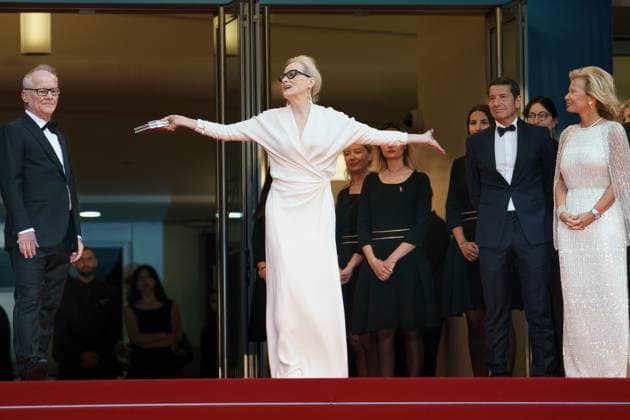 Cannes, France 14th May, 2024 CANNES MAY 14 director Thierry FrÃ maux, Meryl Streep and President of the Festival Iris Knobloch attending at the Opening Ceremony and The Second Act gala premiere, Palais des Festival, part of the 77th edition of The Cannes Film Festival CINEMA 77eme Festival de Cannes Red Carpet de la cÃ?rÃ?monie douverture Le deuxieme acte 14 05 2024 NorbertScanella Panoramic 