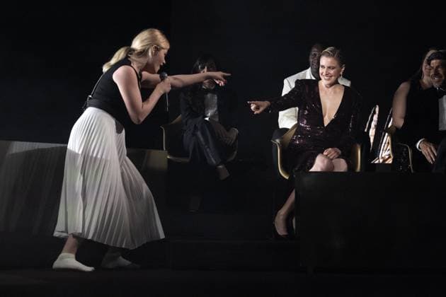 Annual Cannes Film Festival - Opening Ceremony - Cannes President of the Jury Greta Gerwig is seen on stage while Zaho de Sagazan (L) is performing on stage during the opening ceremony at the 77th annual Cannes Film Festival at Palais des Festivals on May 14, 2024 in Cannes, France. Photo by David NIVIERE ABACAPRESS.COM CANNES France  Copyright: xNivierexDavid ABACAPRESS.COMx