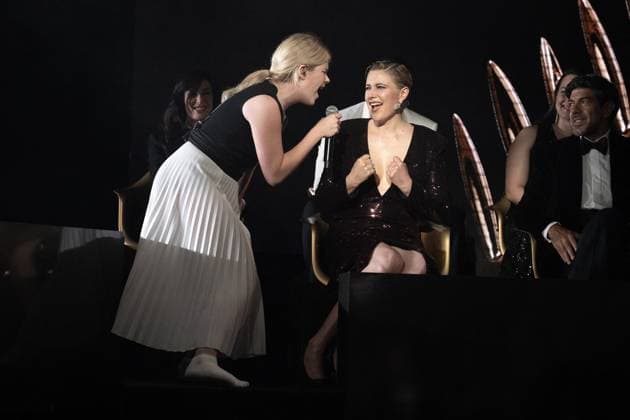 Annual Cannes Film Festival - Opening Ceremony - Cannes President of the Jury Greta Gerwig is seen on stage while Zaho de Sagazan (L) is performing on stage during the opening ceremony at the 77th annual Cannes Film Festival at Palais des Festivals on May 14, 2024 in Cannes, France. Photo by David NIVIERE ABACAPRESS.COM CANNES France  Copyright: xNivierexDavid ABACAPRESS.COMx