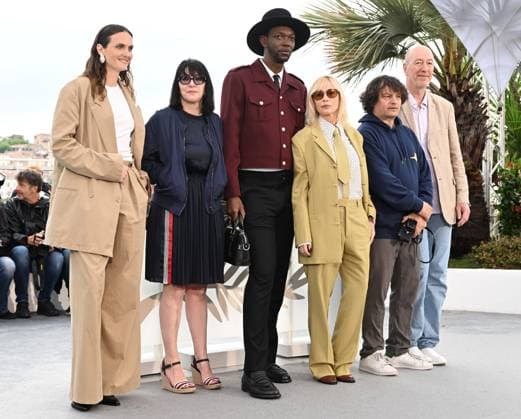 Belgian director Zoe Wittock, French journalist Nathalie Chifflet, Belgian director rapper Baloji, French actress Emmanuelle Beart, cinematographer Gilles Porte and writer Pascal Buron attend the Camera D Or Jury photo call at the 77th Cannes Film Festival in Cannes, France on Wednesday, May 15, 2024.  CAN20240515129 RUNExHELLESTAD