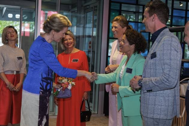 Queen Mathilde of Belgium, Interior Minister Annelies Verlinden, Flemish Minister of Mobility, Public Work Lydia Peeters and Flemish Minister of Employment, Economy, Social Economy and agriculture Jo Brouns pictured during the 25th edition of the award ceremony of the Womed Award , for best female entrepreneur, organised by Markant and Unizo, Wednesday 15 May 2024 in Brussels.  NICOLASxMAETERLINCK 92713843