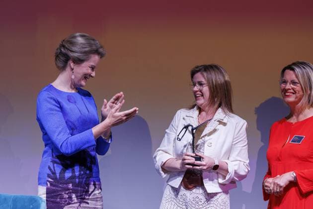 Queen Mathilde of Belgium and Elly Huysmans pictured during the 25th edition of the award ceremony of the Womed Award , for best female entrepreneur, organised by Markant and Unizo, Wednesday 15 May 2024 in Brussels.  NICOLASxMAETERLINCK 92713857