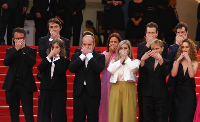 May 15, 2024, Cannes, Cote D azur, France: French actor and director JUDITH GODRECHE (second from right) poses with hands covering her mouth as she attends the Furiosa: A Mad Max Saga screening at the 77th Annual Cannes Film Festival at Palais des Festivals in Cannes, France Cannes France - ZUMAc179 20240515_zep_c179_148 Copyright: xMickaelxChavetx