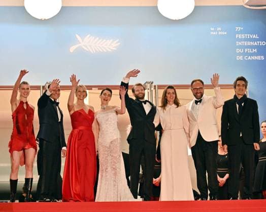 Cannes, 77th Cannes Film Festival 2024, Red Carpet of the film Pigen med nalen In the photo: Tessa Hoder, Besir Zeciri, Trine Dyrholm, Vic Carmen Sonne, Magnus von Horn, Malene Blenkov, Mariusz Wlodarski  Copyright: xManuelexMangiarottix xipa-agencyx xPoolxPhotoxEventsx03x IPA_Agency_IPA46115025