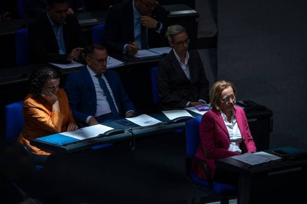 German Bundestag, 169 plenary session AFD parliamentary group in the shadow in the plenary of the Bundestag with Dr Alice Weidel AfD , Tino Chrupalla AfD , Beatrix von Storch AfD in the plenary at the 169 session of the German Bundestag in Berlin, 16 05 2024 Berlin Berlin Germany