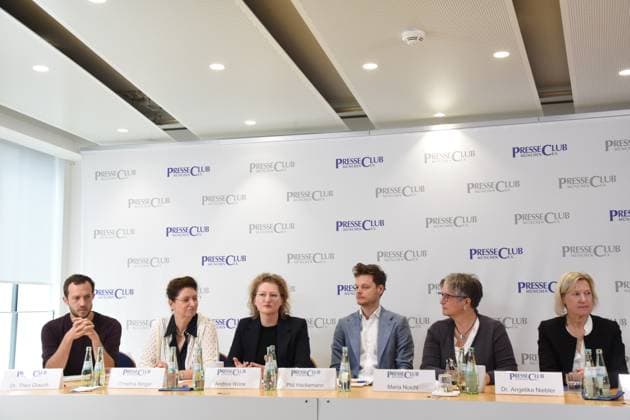Dr Theo Glauch Die LINKE Christina Singer Freie Waehler Andrea Woerle Gruene Phil Hackemann FDP, Maria Noichl SPD Prof Dr Angelika Niebler CSU Munich 16 05 2024 Presseclub Der Mittelstand BVMW eV Bundesverband Europawahl Panel discussion of the top candidates Munich