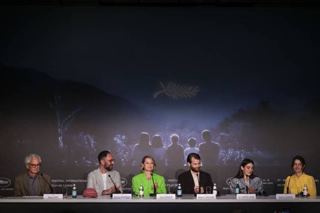 Cannes Pigen Med Nalen Press Conference DB Polish cinematographer Piotr Pawlus, Danish actress Trine Dyrholm, Swedish director Magnus Von Horn, Danish actress Vic Carmen Sonne and Danish producer Malene Blenkov arrive for a press conference for the film Pigen Med Nalen (The Girl with the Needle) during the 77th edition of the Cannes Film Festival in Cannes, southern France, on May 16, 2024. Photo by David Boyer ABACAPRESS.COM Cannes France  Copyright: xBoyerxDavid ABACAx