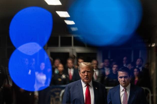 News Bilder des Tages Former President Donald Trump speaks to reporters as he arrives for his trial at Manhattan Criminal Court in New York on Thursday, May 16, 2024. Michael Cohen, a one-time fixer and personal attorney to Trump, is expected to continue testifying in the hush-money criminal trial against the former president. Pool photo by Jeenah Moon  NYP20240516746 JeenahxMoon