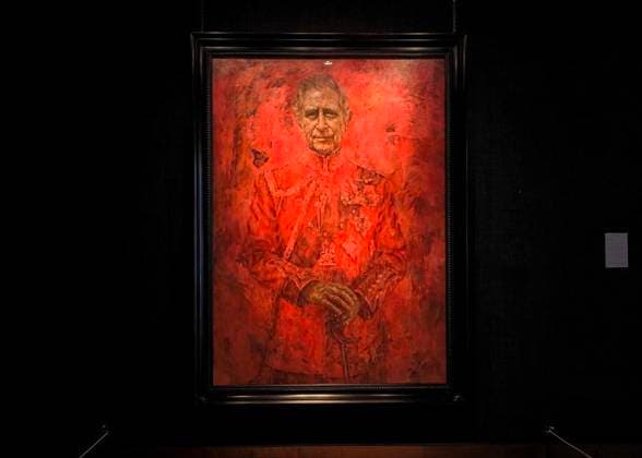 Photograph of the first official portrait of the British king, Charles III, made by the portraitist Jonathan Yeo, where the monarch is seen dressed and wrapped in red, the uniform of the Welsh Guards with which he was appointed colonel in 1975, on display to the public in the London gallery Philip Mold, United Kingdom, 16 May 2024. El retrato oficial de Carlos III, expuesto al público !ACHTUNG: NUR REDAKTIONELLE NUTZUNG!  Copyright: xGuillermoxGarridox GRAF1825 20240516-55013590389_1