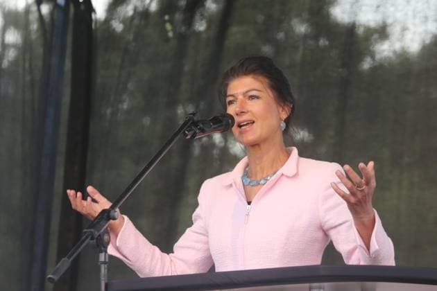 The party leader of the Alliance Sahra Wagenknecht Reason and Justice party, Sahra Wagenknecht, speaks on Thursday 16 May 202