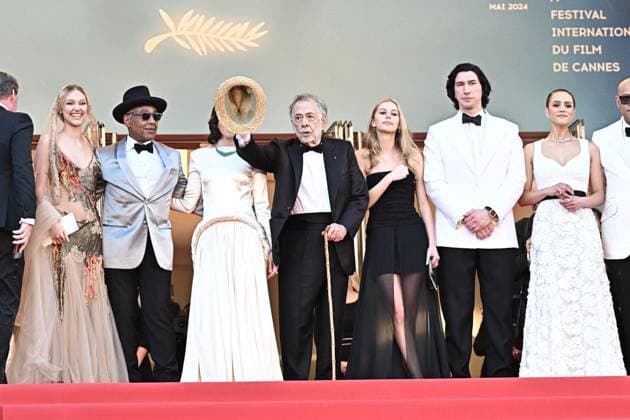 Cannes - Megalopolis Screening (L to R) Grace VanderWaal, Giancarlo Esposito, Aubrey Plaza, Francis Ford Coppola, Romy Croquet, Adam Driver, Nathalie Emmanuel and Laurence Fishburne attending the Megalopolis Red Carpet at the 77th annual Cannes Film Festival at Palais des Festivals in Cannes, France, on May 16, 2024. Photo by David Niviere ABACAPRESS.COM Cannes France  Copyright: xNivierexDavid ABACAPRESS.COMx