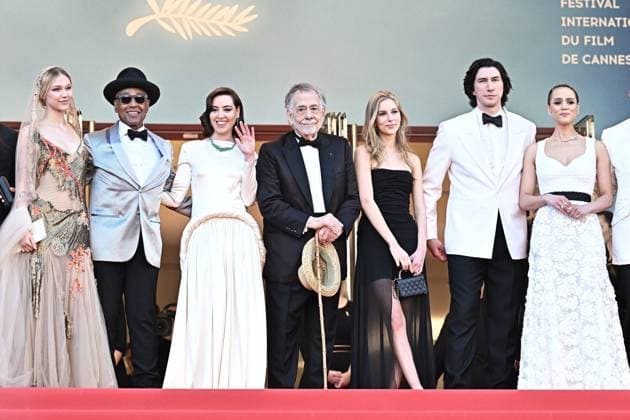 Cannes - Megalopolis Screening (L to R) Grace VanderWaal, Giancarlo Esposito, Aubrey Plaza, Francis Ford Coppola, Romy Croquet, Adam Driver, and Nathalie Emmanuel attending the Megalopolis Red Carpet at the 77th annual Cannes Film Festival at Palais des Festivals in Cannes, France, on May 16, 2024. Photo by David Niviere ABACAPRESS.COM Cannes France  Copyright: xNivierexDavid ABACAPRESS.COMx